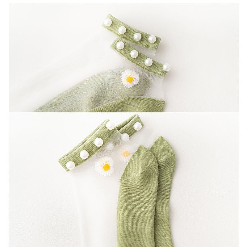 Breathable Thin Socks Women Summer Transparent Lace Socks with Pearl Lady Glass Silk Cotton Mesh Daisy Socks Nylon Ankle Socks