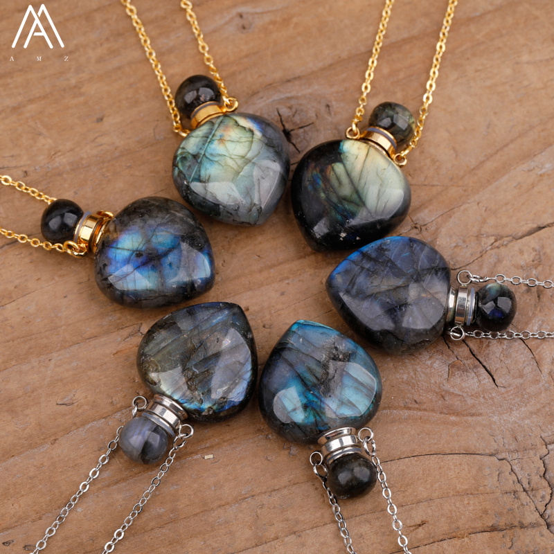 Arco-íris labradorite garrafa de óleo essencial perfume garrafa pingente colar moda feminina coração gem pedra jóias presente dropship
