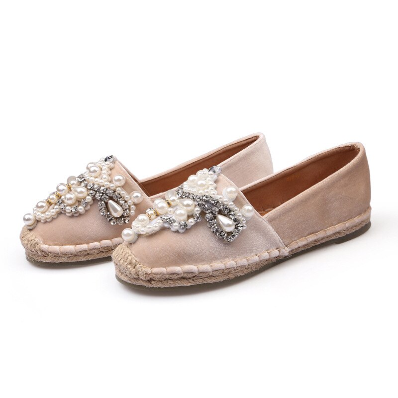 Espadrilles perlées perles décoration oxfords appartements dames or velours cristal pêcheur chaussures grande taille paille tricot creepers: Rose / 7.5