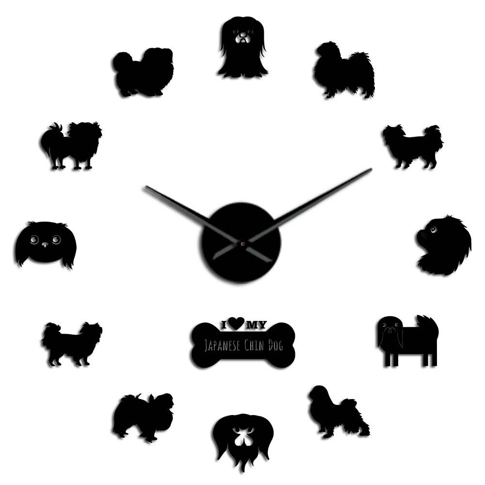Japanese Chin Dog Breed Portrait DIY Large Wall Clock Frameless Puppy Acrylic Mirror Surface Sticker Giant Wall Watch Home Decor: Black / 27inch