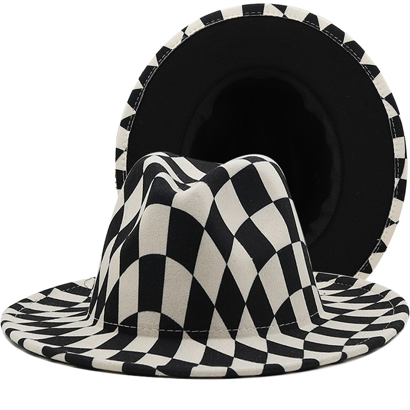 QBHAT Checkerboard Plaid Print Top Hat Men Black Bottom Patchwork Jazz Fedora Hats Fascinator Women Church Felted Cap