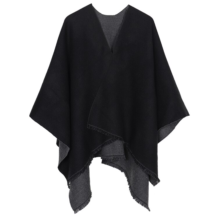 Mode Dubbele Kanten Winter Poncho Kasjmier Vrouwen Poncho Sjaal Foulard Femme Wollen Sjaal Poncho En Caps Tassle: Black