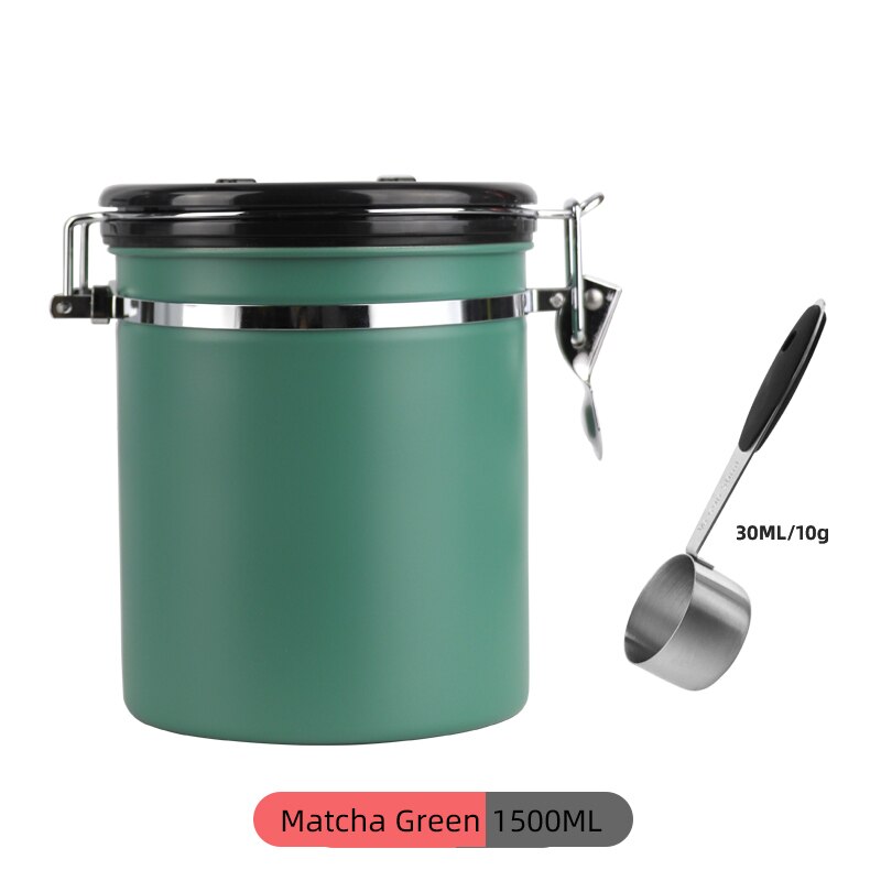 Stainless Steel Coffee Bean Sealed Tank Coffee Storage Tank With Exhaust Valve Dried Fruit Sealed Box Black 800Ml: Green 1500ML