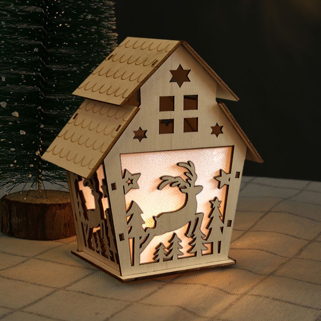 Christmas Luminous Cabin Christmas Wooden House Glittery LED Light Home Decoration Night Lamp Pendant Led Candles Prop Led: L