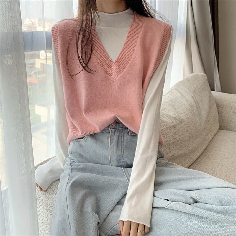 Otoño chaleco tejido cuello pico Mujer invierno suéter Chaleco Corto sin mangas suéter