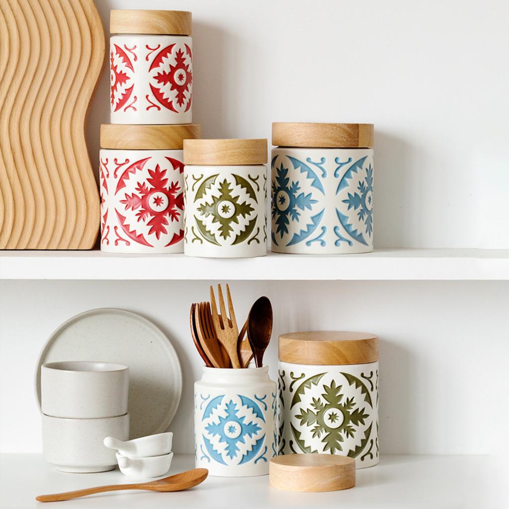 Boho Style Ceramic Canister with Wooden Lid Stackable Food Storage Container for Farmhouse Kitchen Home Pantry Organization