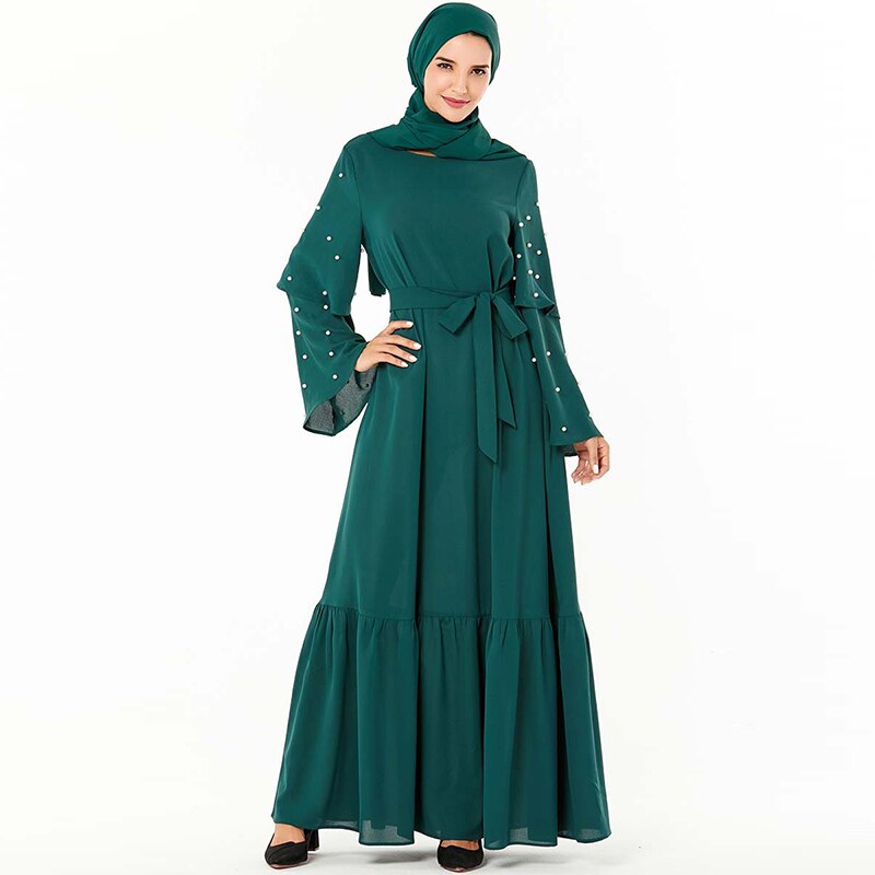 Muslim Dress Middle Eastern Dress Beaded Belt Flare Sleeve Skirt Islamic Turkey Kimono Dubai Pakistan Moroccan