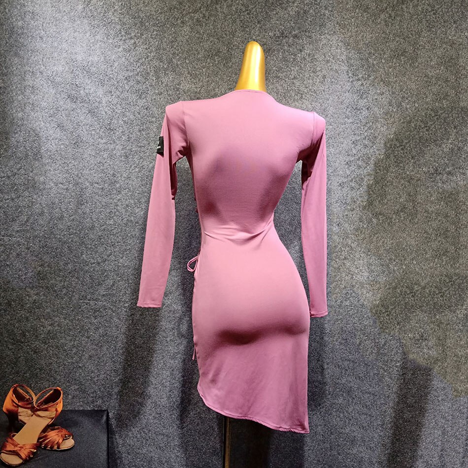 Women Latin Dance Dress Long Sleeve Striped Waist Dancing Practise Cloth Samba Tango Chacha Dancing Performamnce LW422