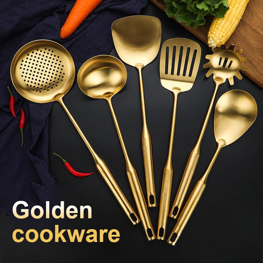 Luxury Golden Stainless Steel Kitchenware Cooking Tools With Storage Rack Kitchen Utensils Set Non-stick Cookware Spatula Spoon