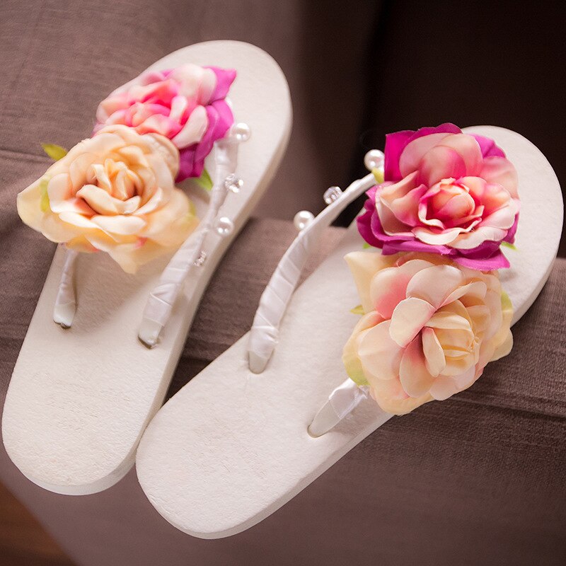 3cm High Heel Women's Summer Pure Handmade Flower Sandals Beach Vacation Flip-flops Womens Slippers Indoor Flip Flops Women: White / 35