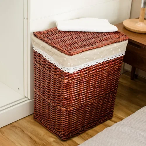 Rattan-Wäschekorb mit großem FassungsvermöGen – Aufbewahrung aus Weinrebengeflecht mit Deckel, einfacher und eleganter Organizer für schmutzige Kleidung für zu Hause: XXL / Rosa