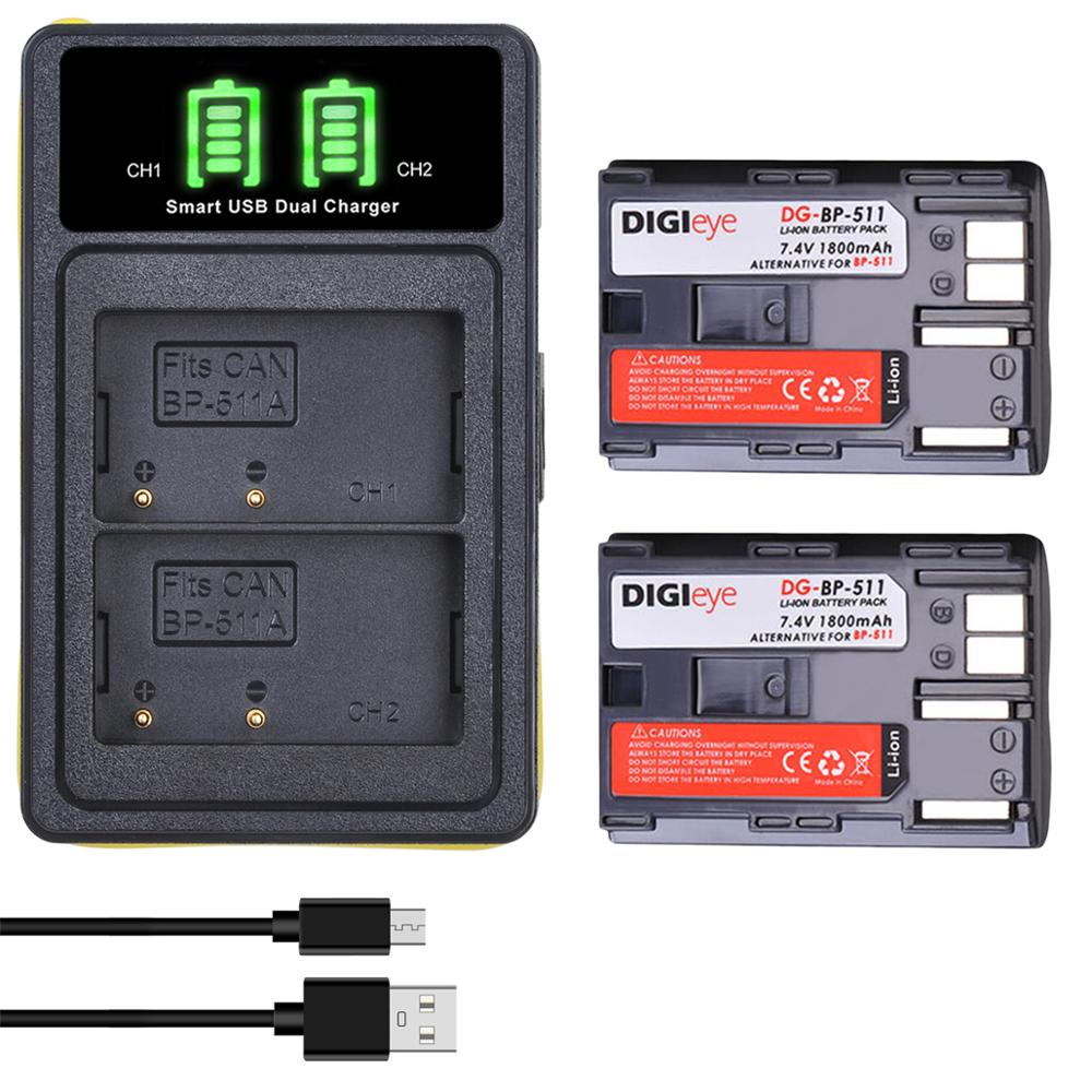 BP-511 BP-511A Battery + LED Dual Charger Type C for Canon EOS 5D 10D 20D 30D 40D 50D D30 D60 G1 G2 G3 G5 G6 Pro 1 Pro 90