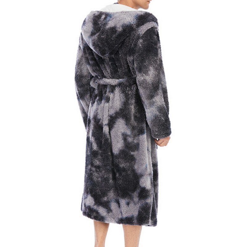 Winter Warm Flannel Bathrobe Men Knee-Length Bath Robe Soft Thick Tie-dye Print Plush Hooded Robes Male Dressing Gown Sleepwear