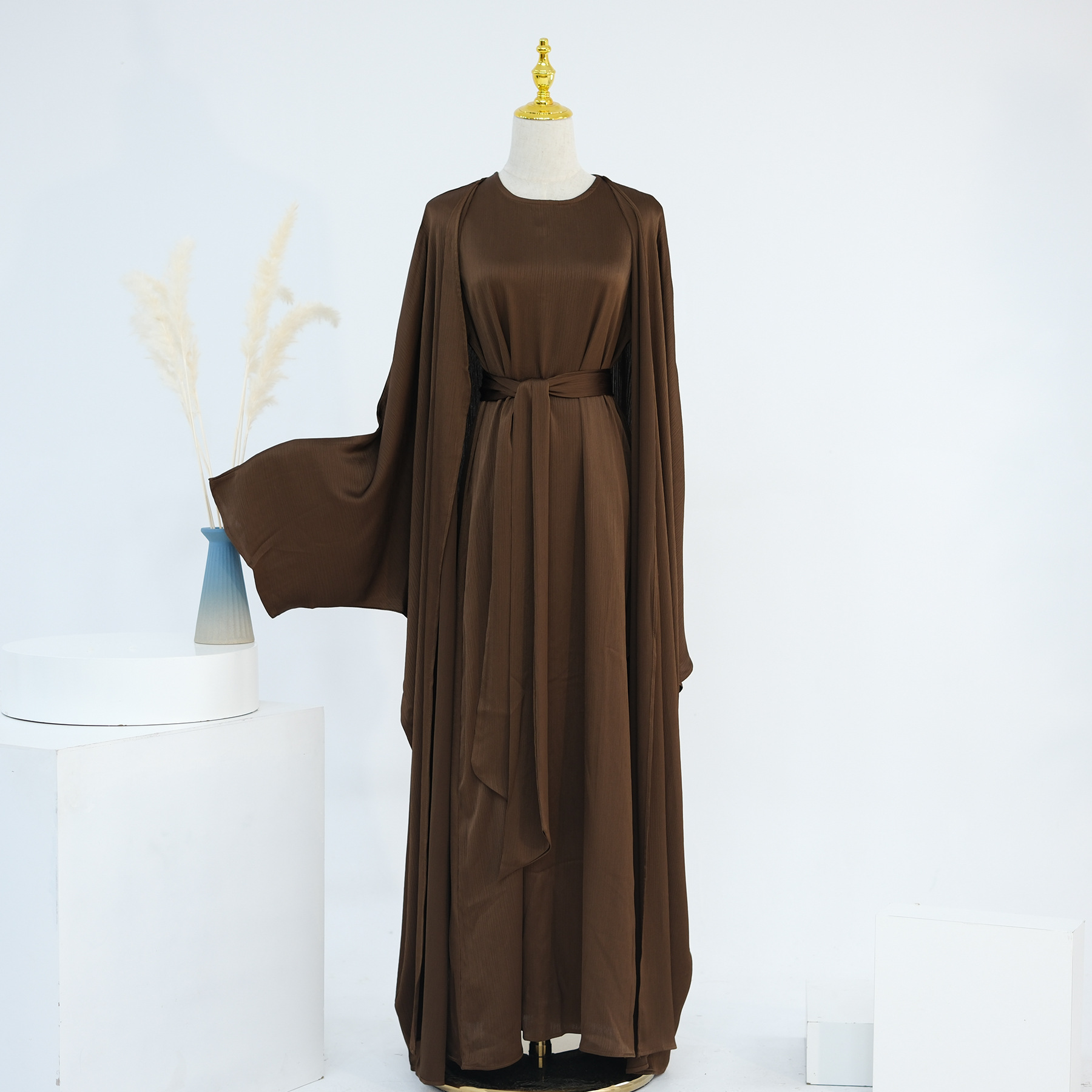 Ramadan dubai cetim liso 2 peças conjunto abaya roupas de oração feminino modesto conjuntos muçulmanos caftan marocain robe femme musulmane kaftan: XXL / Marrom