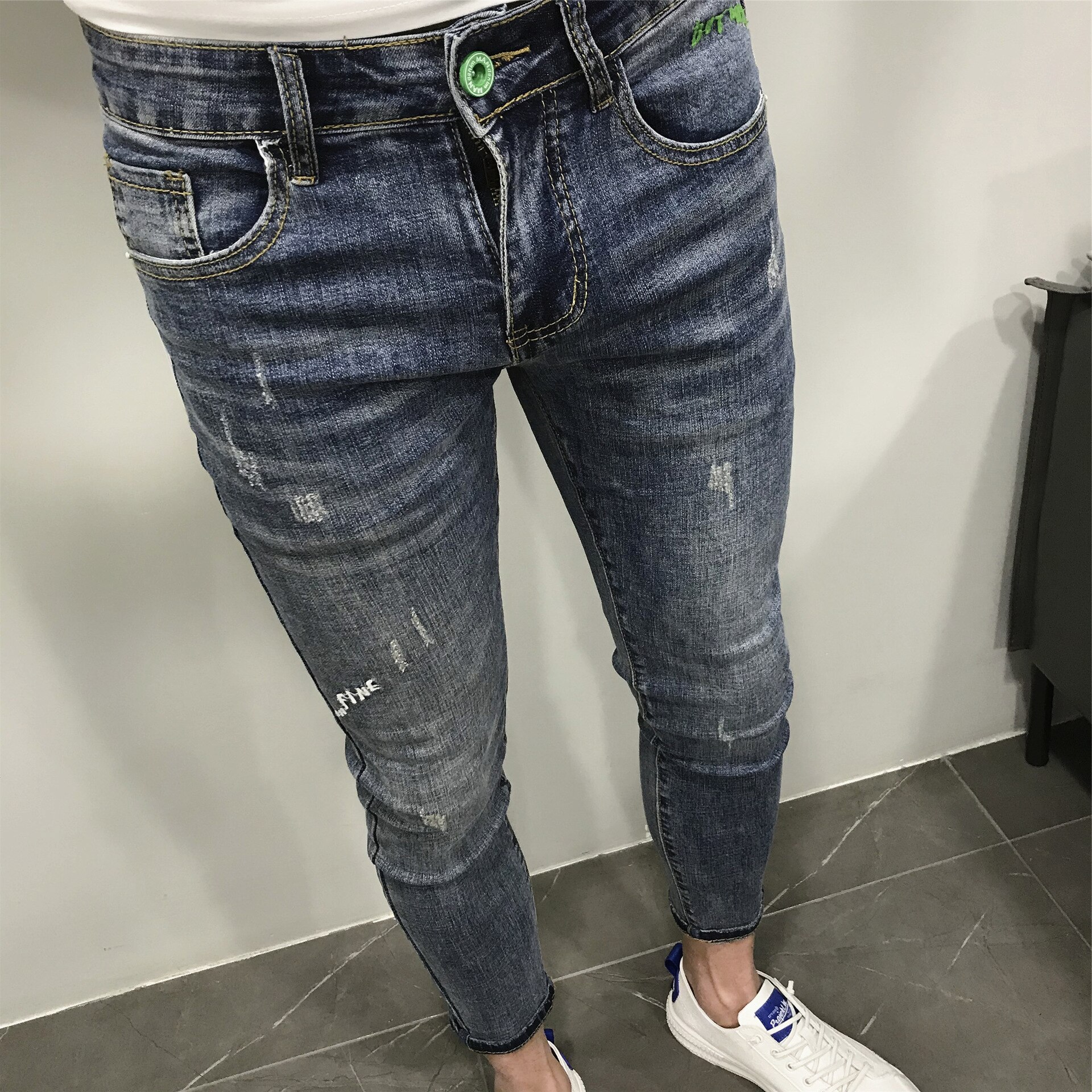 AOWOFS Slim Fit Jeans för Herr - Broderi - Dragkedja - Vår/Höst