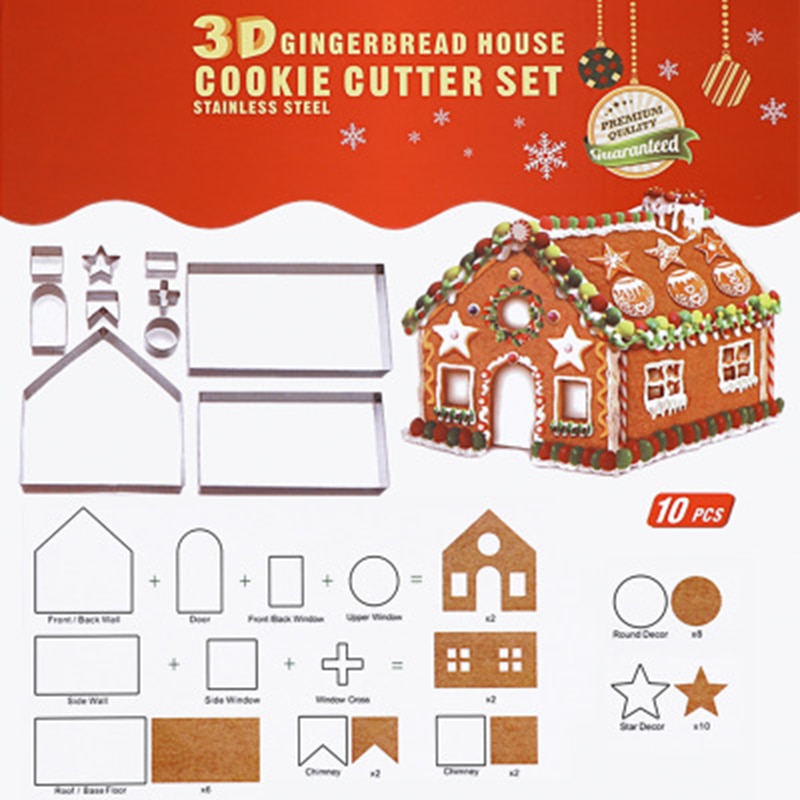 10pcs 3D Peperkoek huis Rvs Kerst Scenario Cookie Cutters Set Biscuit Mold Fondant Cutter Bakken Tool