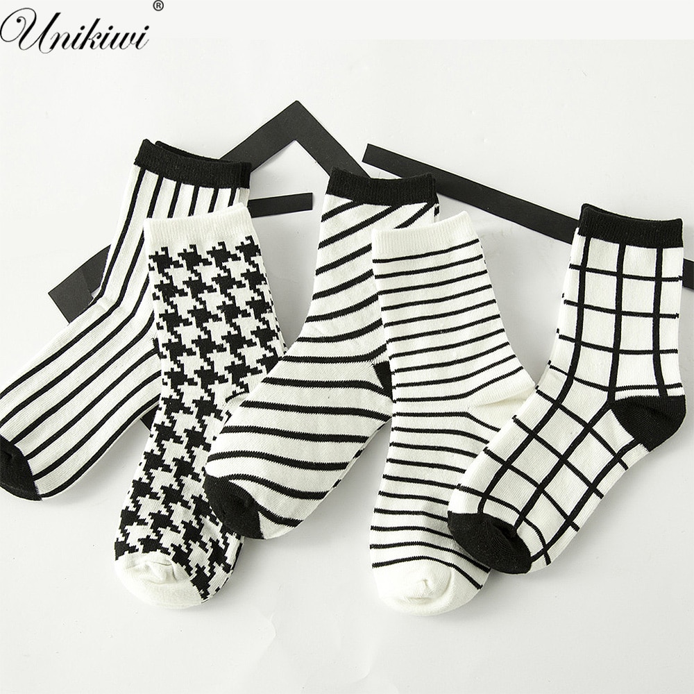 Calcetines de cuadros clásicos de pata de gallo para mujer, calcetín Harajuku de algodón, Vintage, Blanco, Negro, a rayas, con tubo