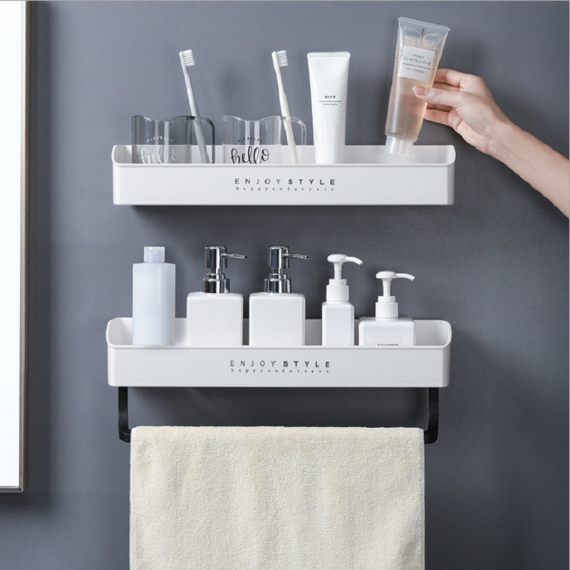 Badeværelse hylde arrangør vægmonteret shampoo bruser hylder holder med håndklæde bar køkken opbevaring rack badeværelse tilbehør