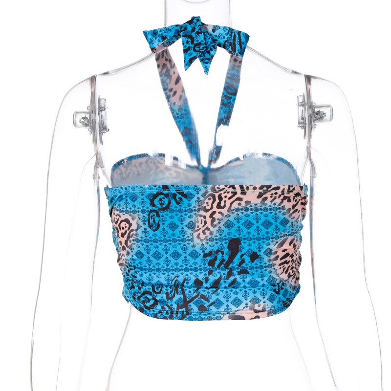 ArtSu cravate teinture imprimé léopard femmes haut court camis évider dos nu moulante sexy streetwear fête clubwear VE52263