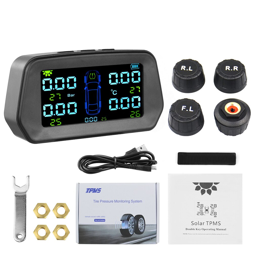 TPMS Tire Pressure Alarm Monitor Solar Power Tyre Pressure Monitoring System with 4 External Sensors Auto Alarm Security