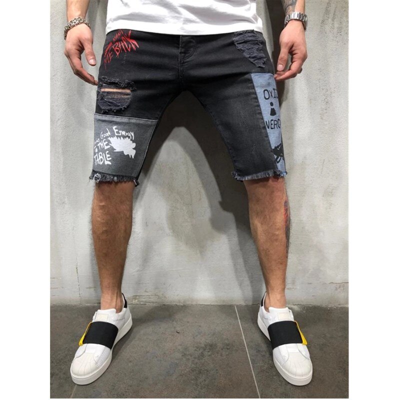 Summer Men Ripped Printed Letters Stretch Denim Shorts Male Slim Fit Elastic Patchwork Hip Hop Casual Denim Shorts