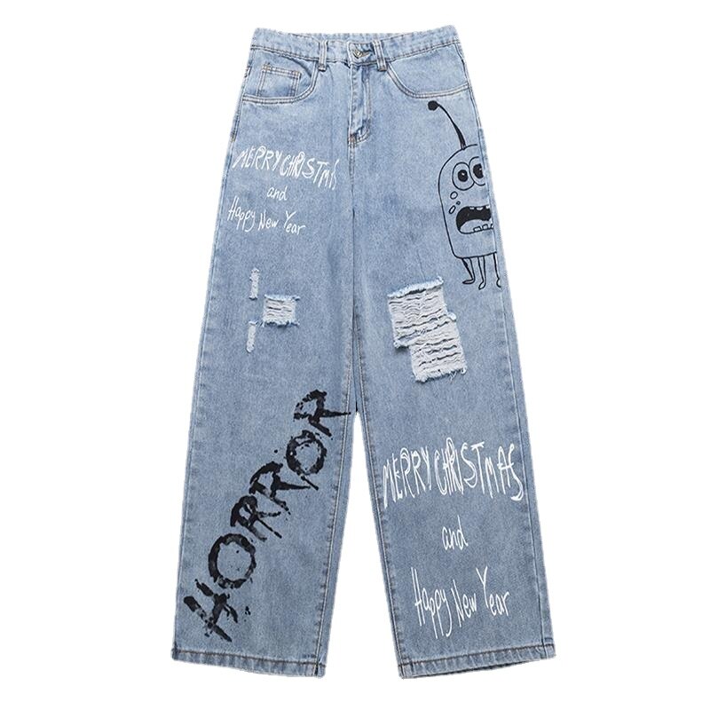 Vrouwen Jeans Losse Jeans Graffiti Jeans Hip Hop Broek Skateboard Broek Straat Kleding Y2K Broek Oversized Gescheurde Jeans: M