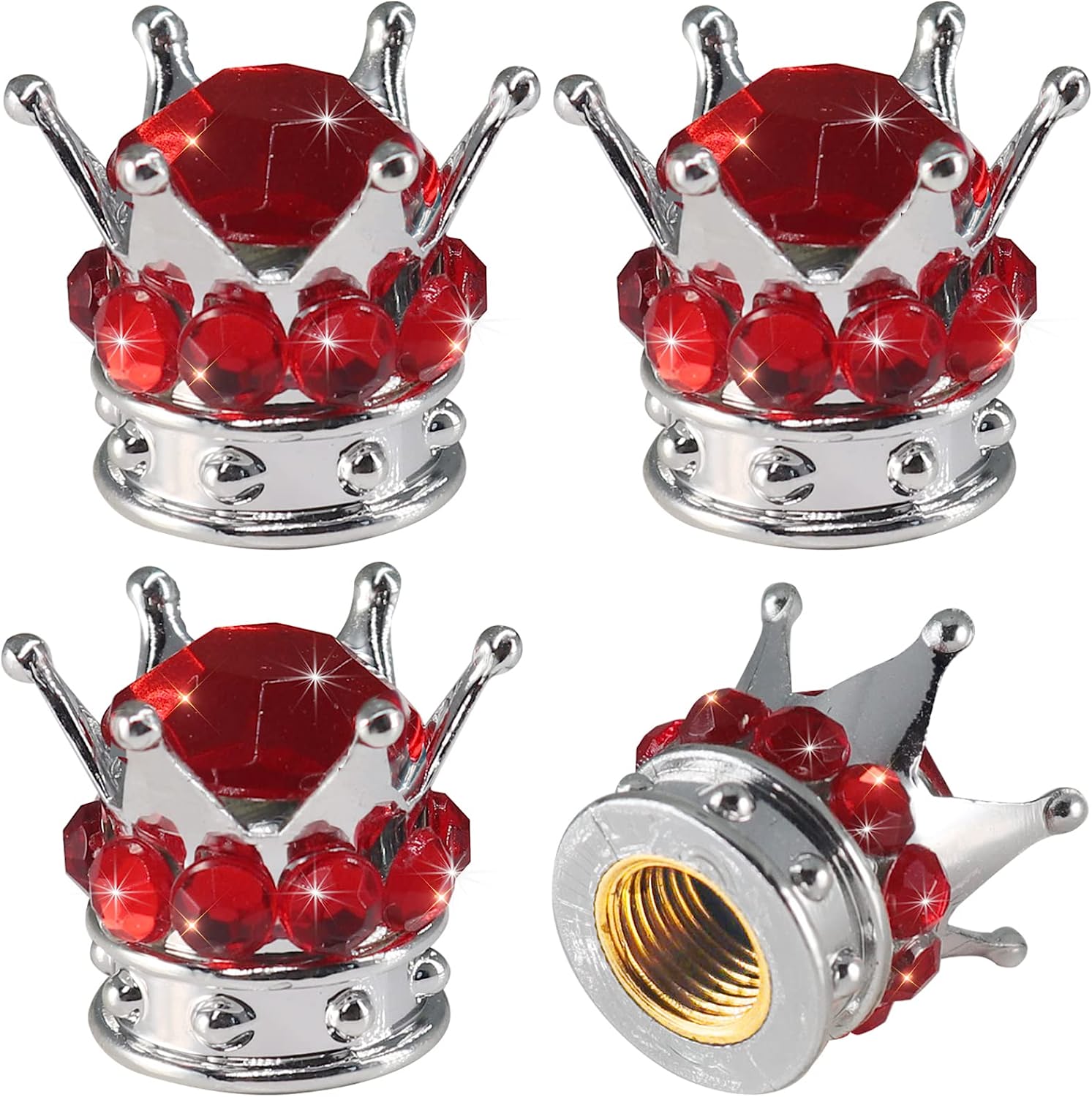4 Pcs Crown Tire Valve Stem Caps Bling Crystal Rhinestone Universal Chrome Crown Vehicle Car Tire Caps Covers Autos Accesorios: Red