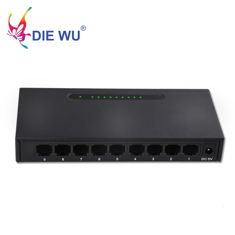 DIEWU Netwerk switch 9 poorten RJ45 10/100 Mbps Fast Ethernet switch met 1 m buffer Full-Duplex & Half-Duplex