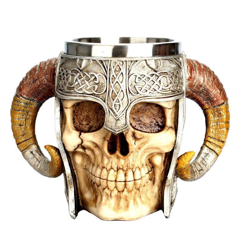 450Ml Bier Mok Resin Rvs Double-Layer Koffie Drinkbeker 3D Hoorns Schedel Voorpagina Thuis bar Accessoires: Shofar Skull