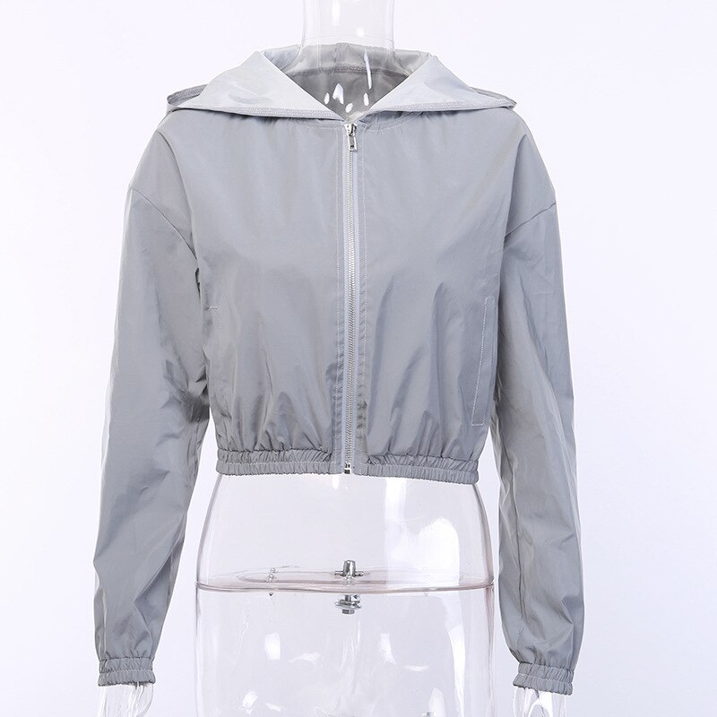 NCLAGEN Herfst Mode Reflecterende Bomber Jassen Vrouwen Zip Up Hooded Sportkleding Windscherm Cropped Tops Meisjes Casual Jassen: M