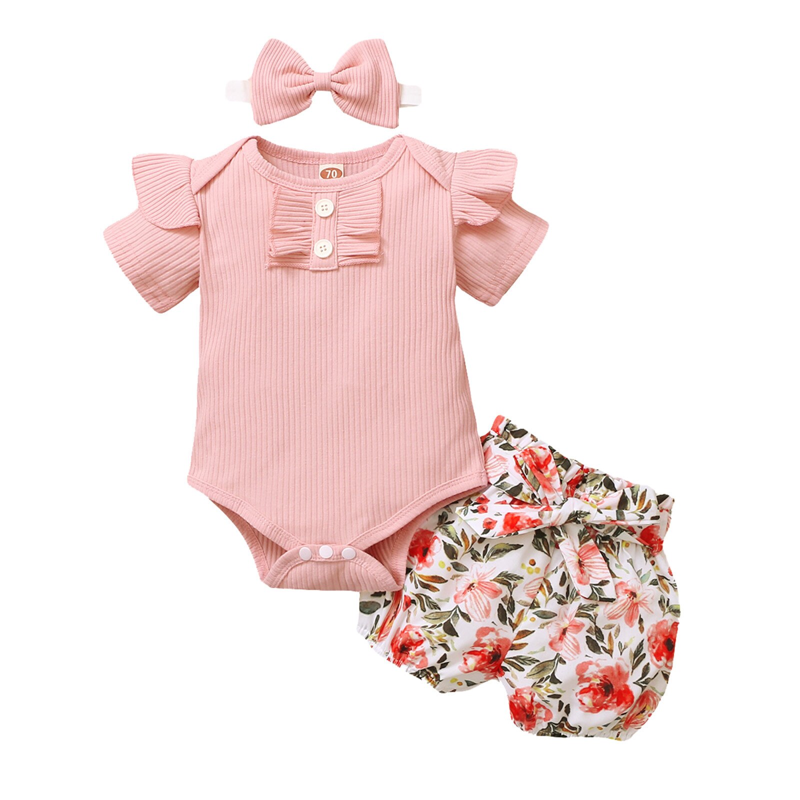 Girl Outfits Toddler Baby Girls Clothes Summer Solid Short Sleeve Ruffle Romper Bodysuit+Floral Print Shorts Headbands Outfits: Pink / 90
