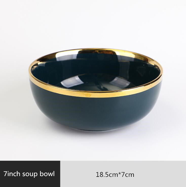 Gilt Rim Dark green Plate Steak Food Nordic Style Tableware Bowl Ins Dinner Dish High End Porcelain Dinnerware Set: 7 inch soup bowl