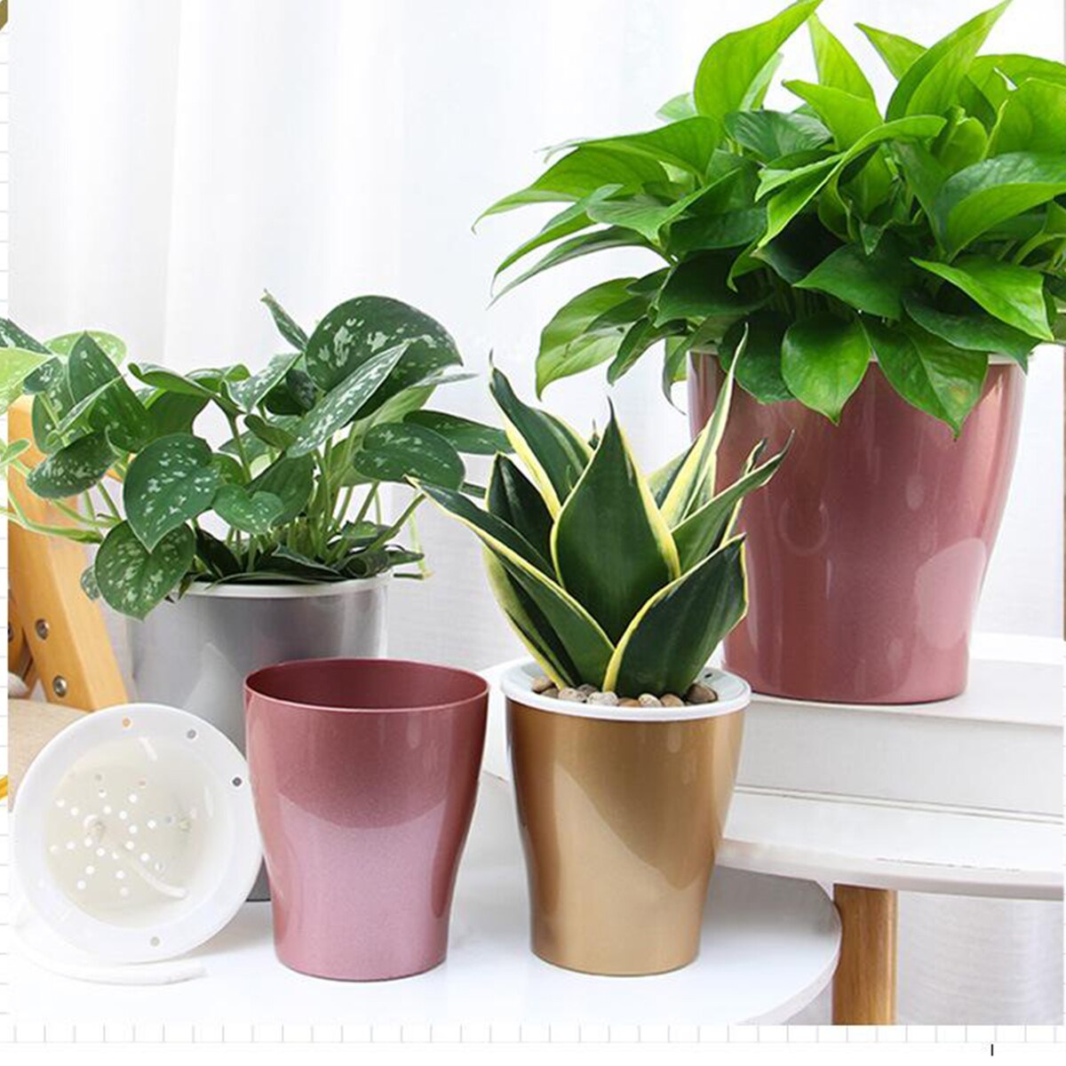 Goud Zilver Rose Goud Bloempot Self Watering Absorberen Bloem Plant Lui Gesimuleerde Metalen Potten Voor Yard Garden Outdoor Living