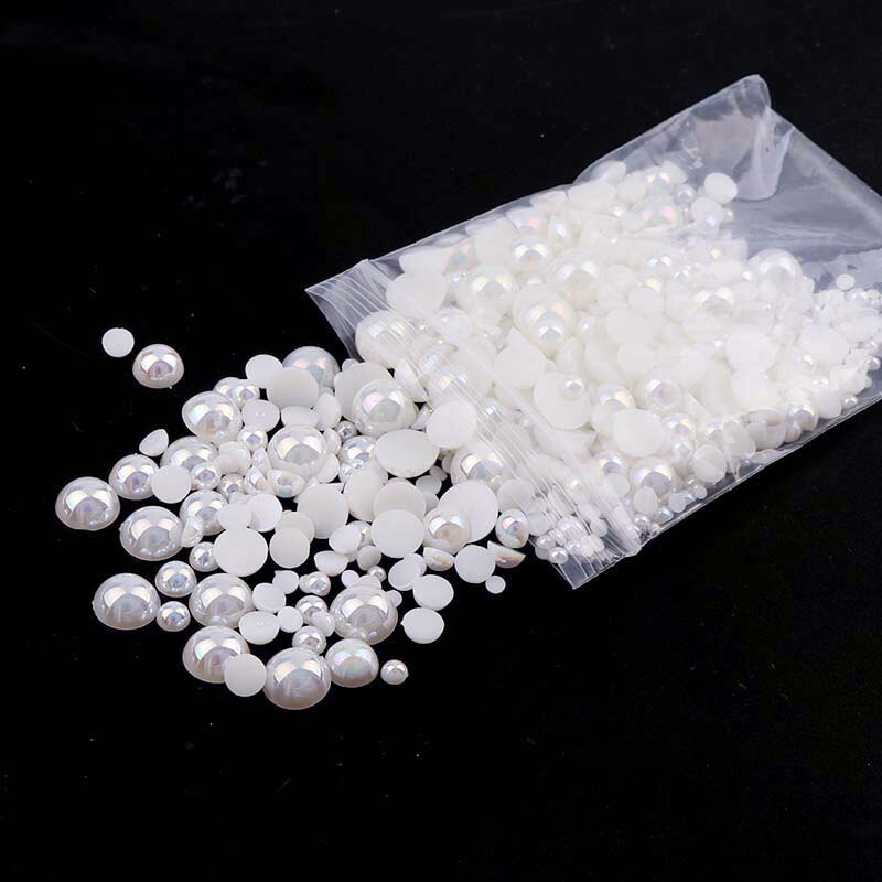 1000 stks Wit Half Ronde Platte achterkant Parels mix maten 2 3 4 5 6 8 10mm ABS imitatie kralen om DIY nail art: White AB