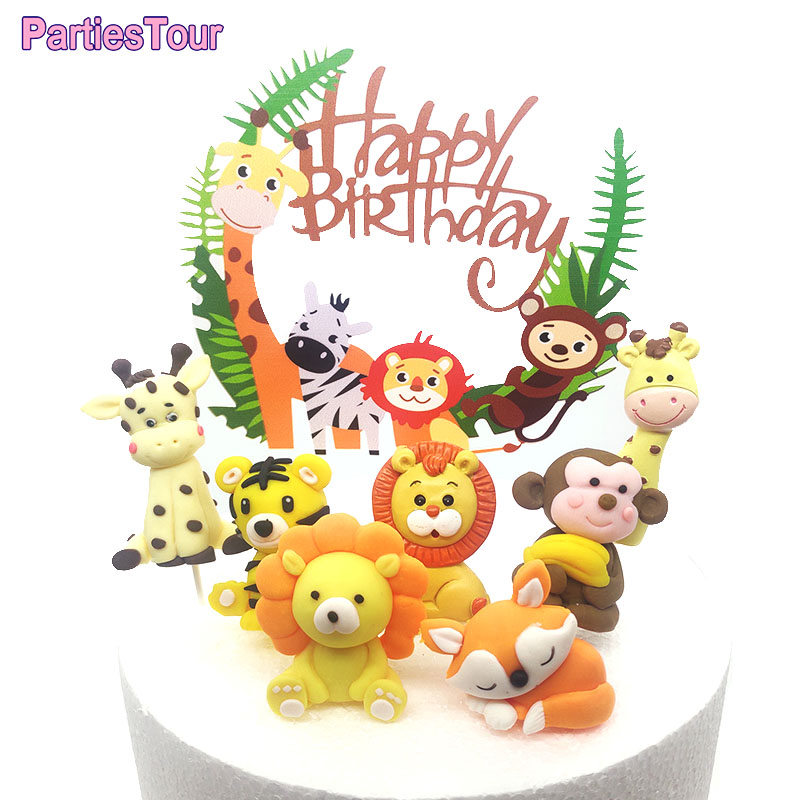 Cute Cartoon Animal Cake Topper Lion panda elephant jungle Cupcake Topper For Festive Farm Birthday Party Dessert Decor
