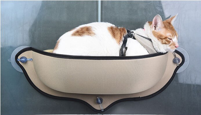 Cat Window Bed, Cat Window Perch, Cat Car Hammock Sunny Seat Lounger with 4 Suction Cups Cat Resting Sofa Safe Sunbath: khaki