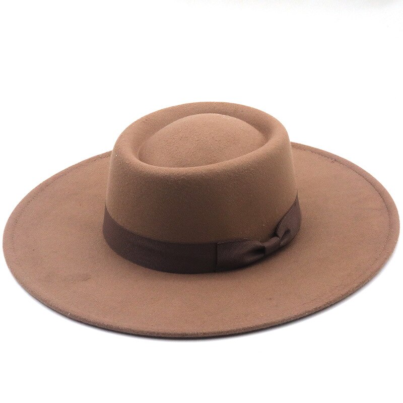 9.5 Cm Wide Brim Plain Black Flat Top Hat Boater Women Wool Fedora Felt Hats with Bowknot Vintage Church Wedding Panama Cap: khaki