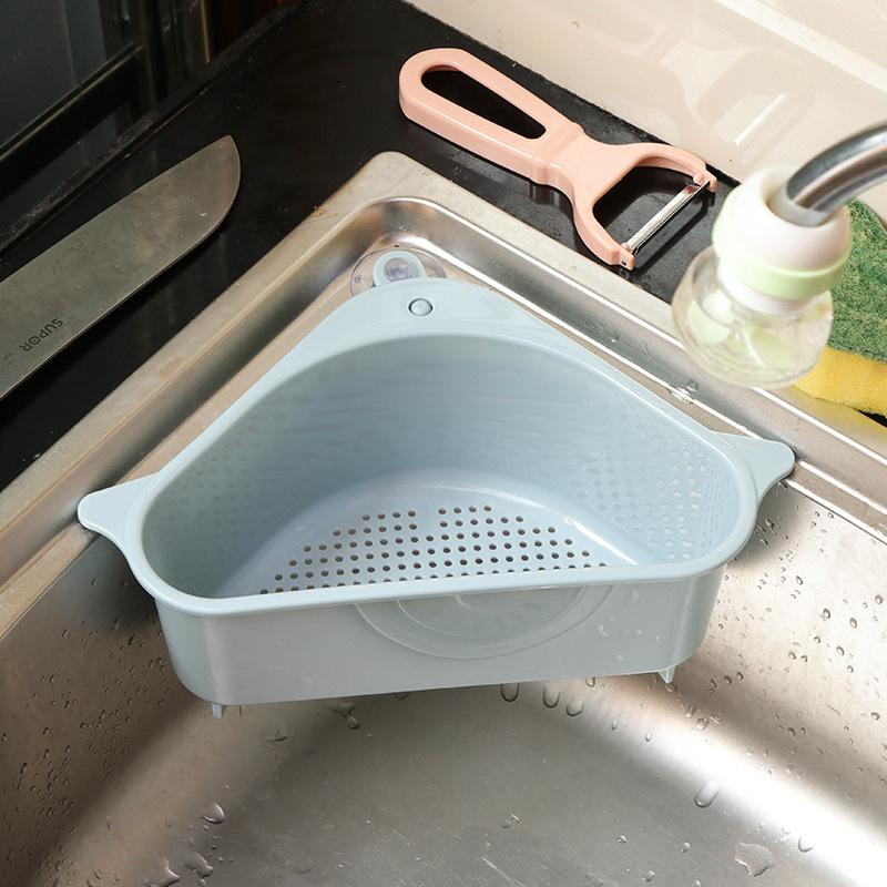 Multifunktionelt hjørnevask afløbsstativ sugekop vask drænkurv skål svampholder køkken badeværelse arrangør opbevaring: Blå