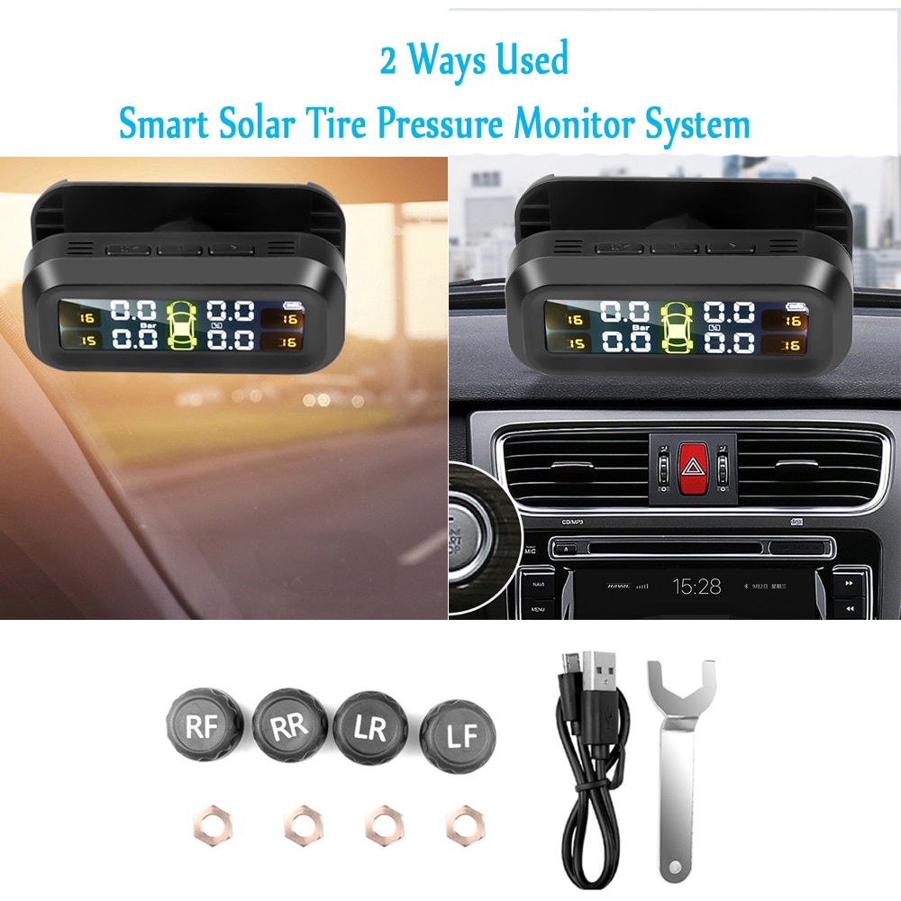 Solar Tpms Auto Bandenspanning Alarm Monitor Systeem Intelligente Temperatuur Waarschuwing Brandstof Besparen Met 4 Sensoren Tpms Etalage