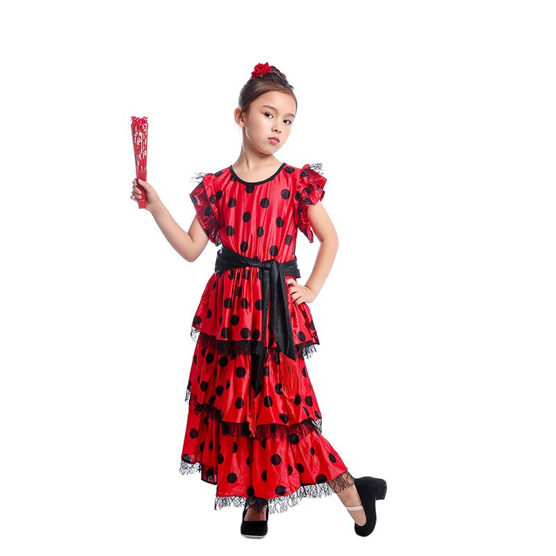 Vestidos de baile de España para niñas, trajes de baile de Flamenco para mujer, vestidos Maxi de manga de encaje con estampado de lunares tradicional, puesta en escena de equipo