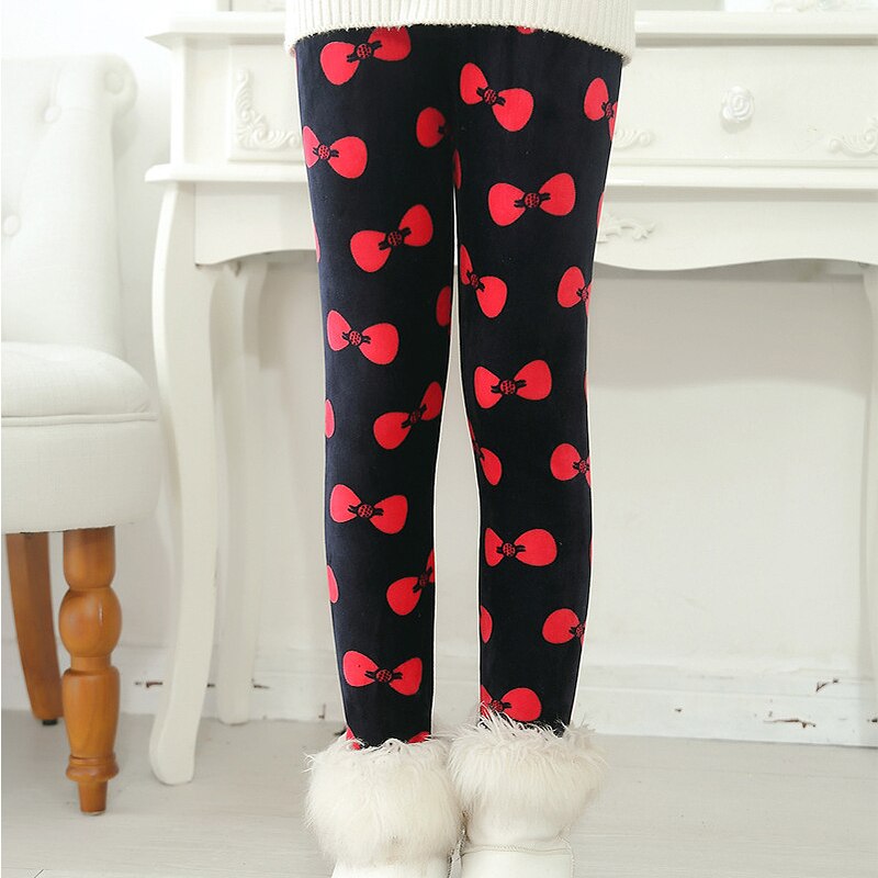 Vinter varm fløjl baby leggings piger casual leggings børn skinny underdele børn tøj rød sløjfe print sort 2 to 7 år