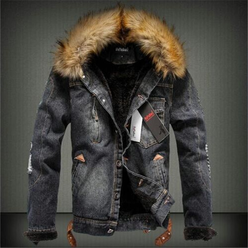 Mens Denim Jacket with Fur Collar Retro Ripped Fleece Jeans Jacket and Coat for Autumn Winter