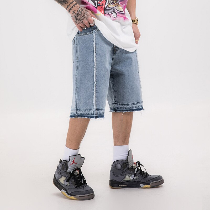 Harajuku High Street Loose Straight Necklace Print Jeans Shorts Men and Women Wide Leg Frayed Hip Hop Denim Shorts Oversize