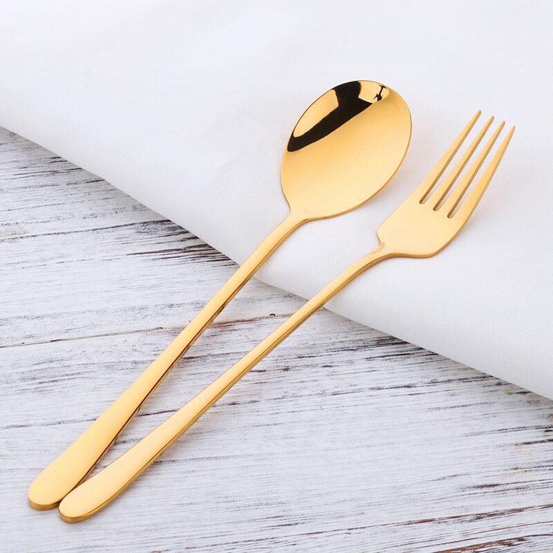 Colher de sobremesa em aço inoxidável, 2 paredes, garfo de sobremesa, dourado, alça longa, para sopa, salada, utensílios de café, prata, imperdível: Golden 2pcs