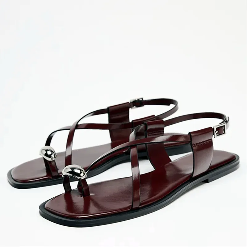 Sandalias planas con de hebilla y correa cruzada para mujer, zapatillas planas informales con decoración de Metal a la , zapatos de playa cómodos, verano