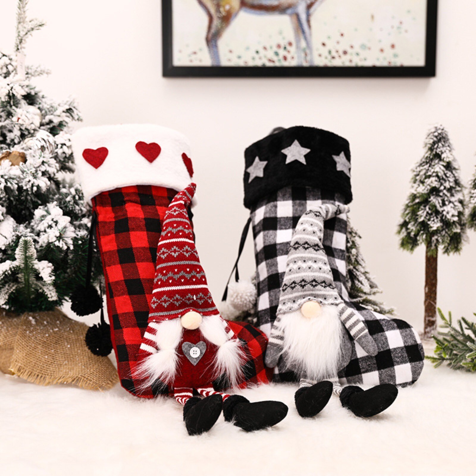 1Pcs Kerstman Pop Kerst Pet Kousen Breien Kerst Decorating Plaid Kous Snoep Kralen Tas Opknoping Ornament
