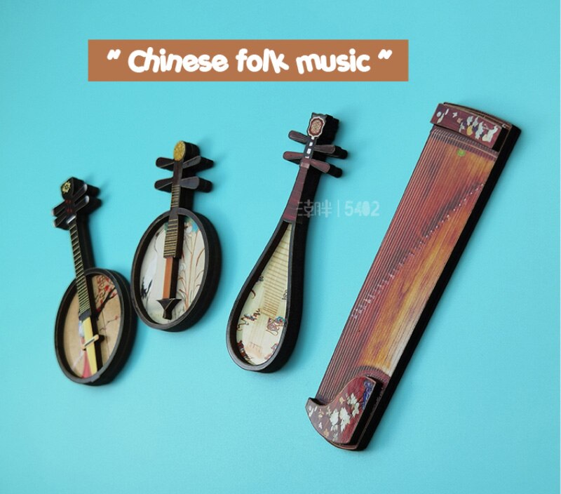 Chinese Style Refrigerator Magnet Classical Folk Music Pipa Yueqin Cartoon Cute Interesting Wooden Refrigerator Magnet Sticker