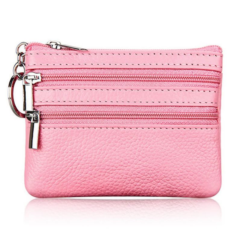 Women Men Leather Coin Purse Card Wallet Clutch Double Zipper Small Change Bag Purse wallet: Pink Color