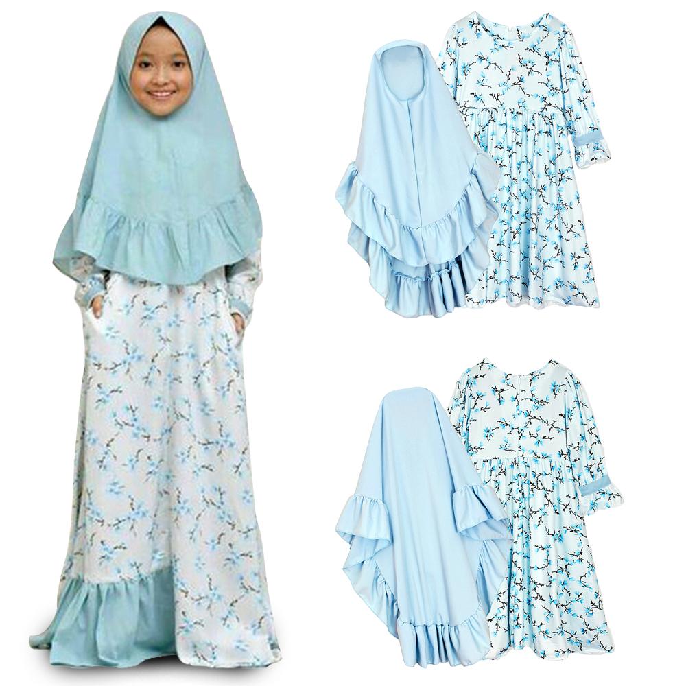 Floral Printed Arab Kids Girls Long Sleeve Dress Muslim Hijab Islamic Abaya Kaftan Maxi Dress Prayer Set Clothing Ramadan Suits