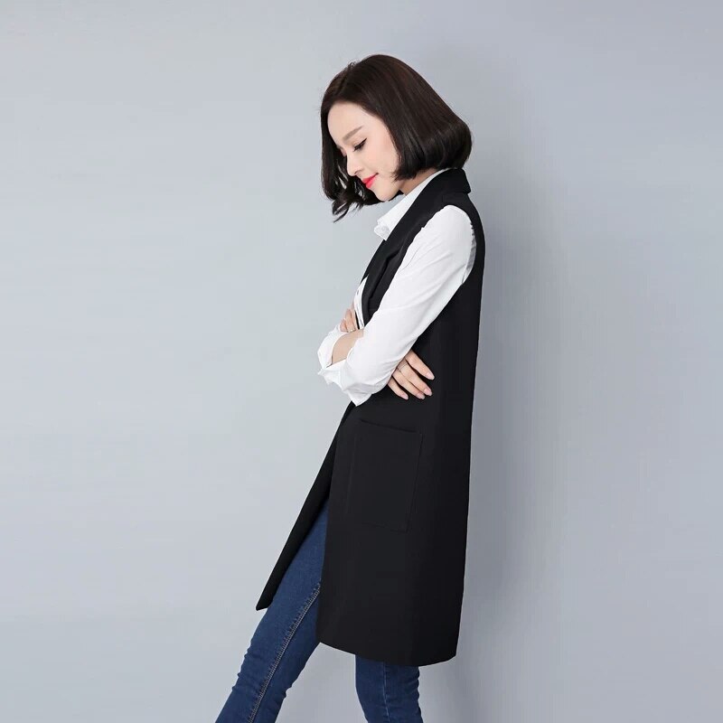 Novedad , chaleco para mujer, chaqueta de otoño, chaleco de , bolsillos, puntada abierta, sin mangas, cuello vuelto, chaleco largo Formal A187